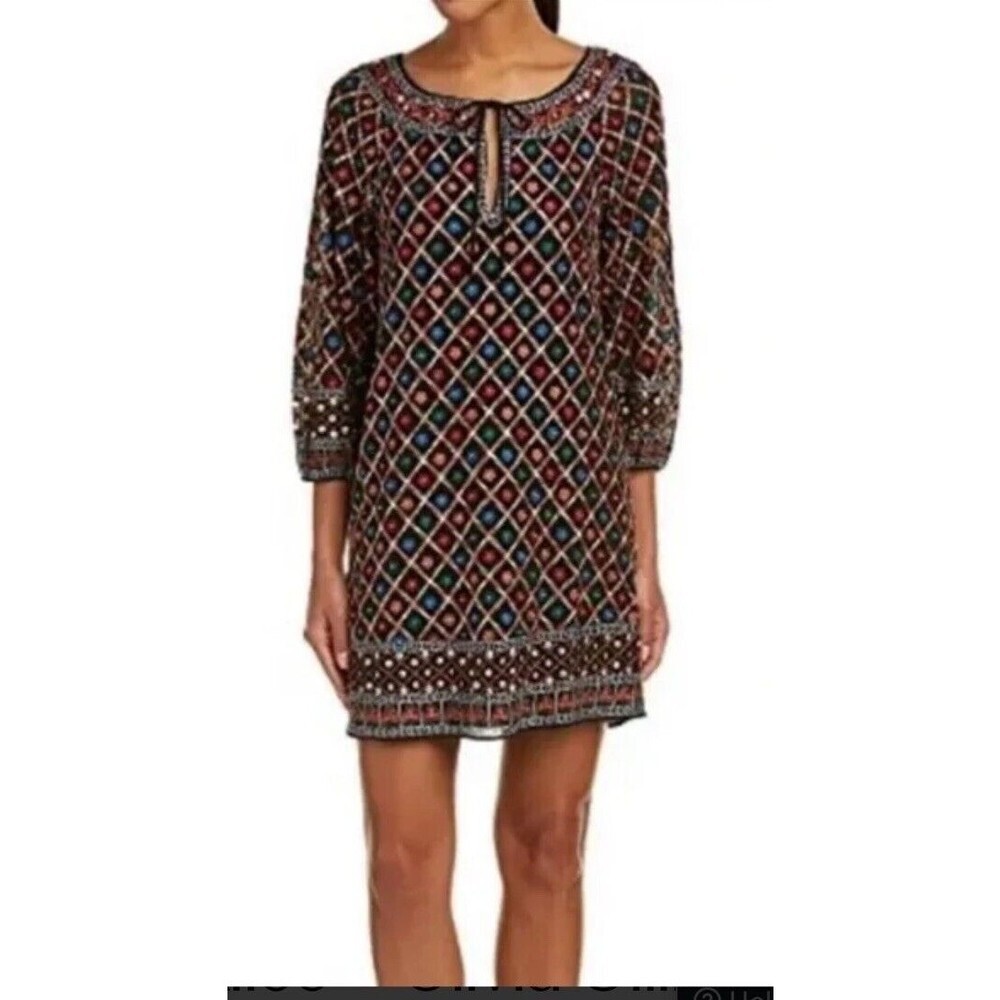 Alice+Olivia‎ Gillian Beaded Sequins Embroidered Peasant Shift Dress Sz XS